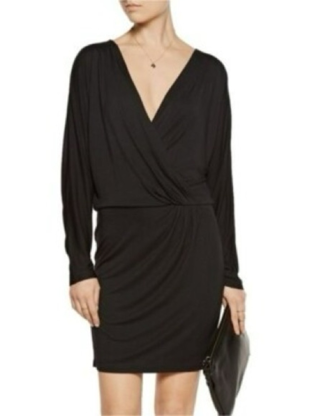 Haute Hippie Black Silk Long-Sleeve V-Neck Faux Wrap Dress